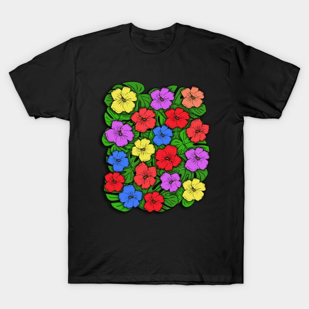 Hibiscus Flowers & Monstera Leaves #4 T-Shirt by headrubble